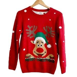 Merry Christmas from V28 Rudolf the Red Nose with Snowballs Knit Ugly Sweater S